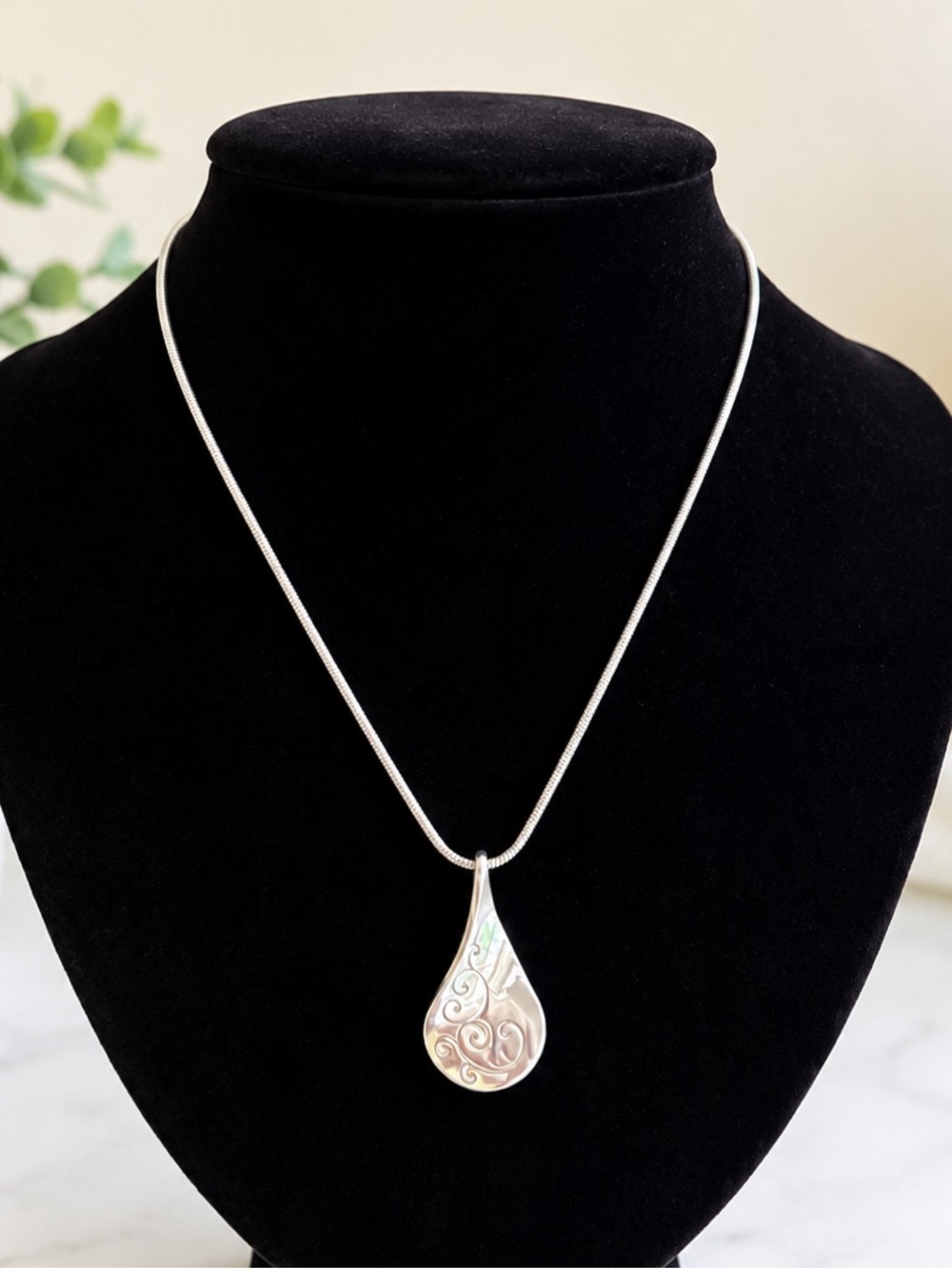 Brighton “Twirl” Silver Teardrop Pendant Necklace with Engraved Scrolls